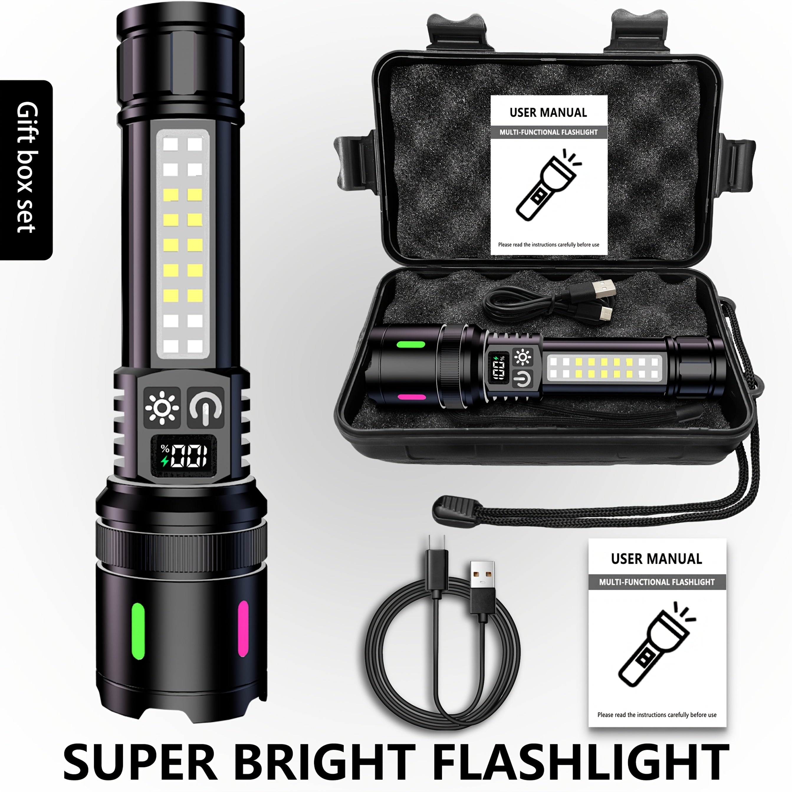 1pc\u002F2pcs Ultra-Bright Rechargeable Flashlight Gift Set, COB Flashlight