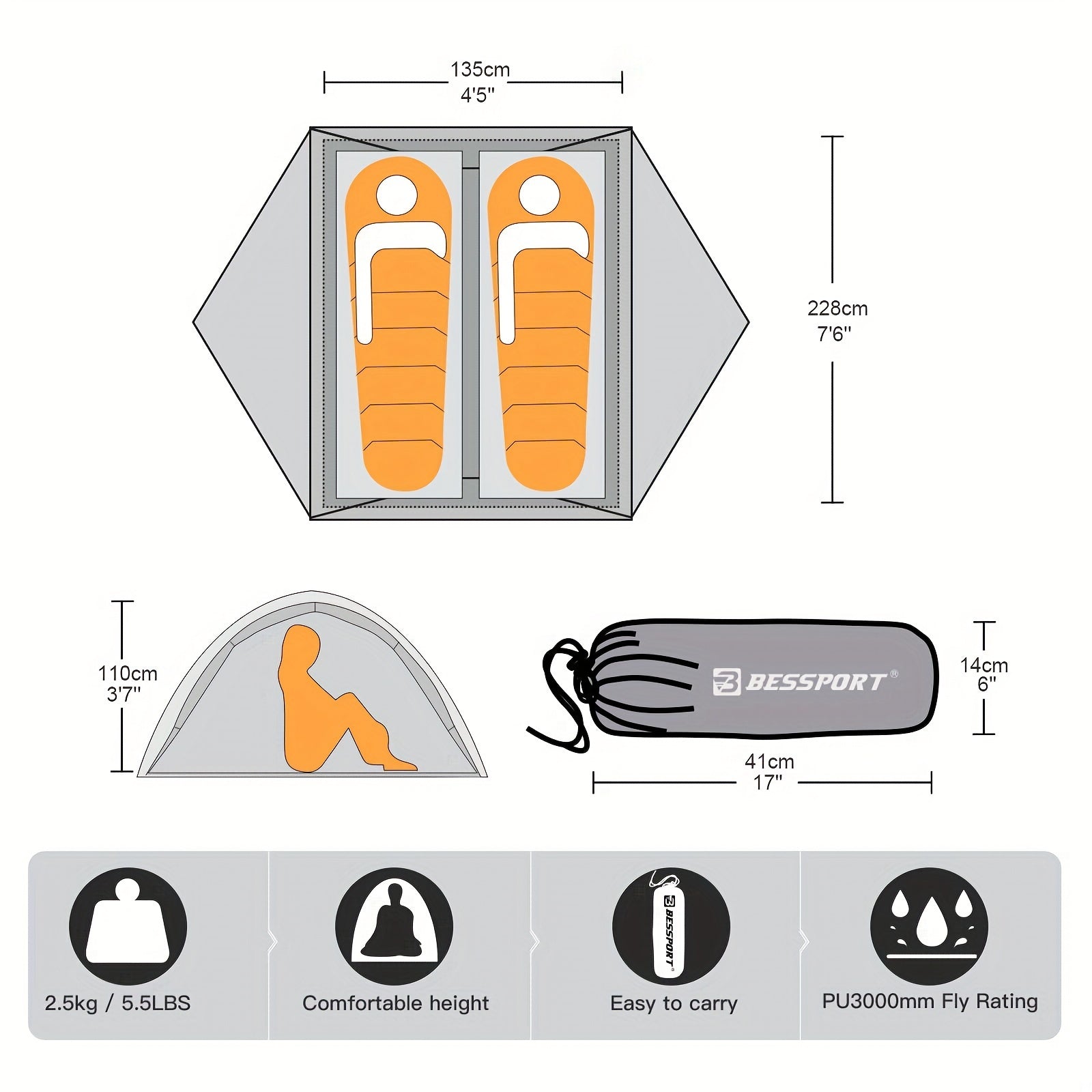 Camping Tent for 2-3 Person, Lightweight Backpacking Tent Waterproof Windproof