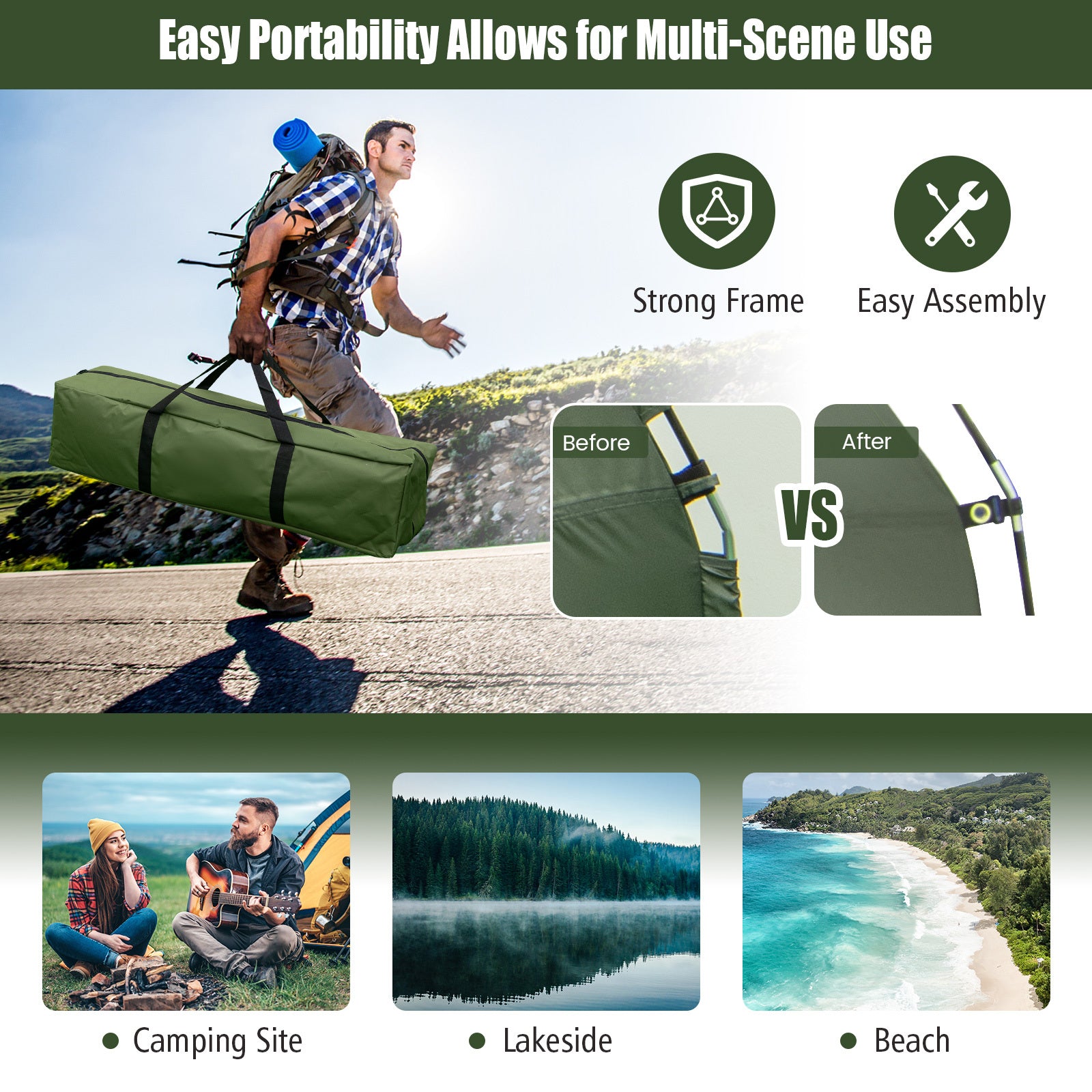 GYMAX 1-Person Camping Tent Cot, 5-in-1 Folding Camping Bed with Air Mattress, Pillow