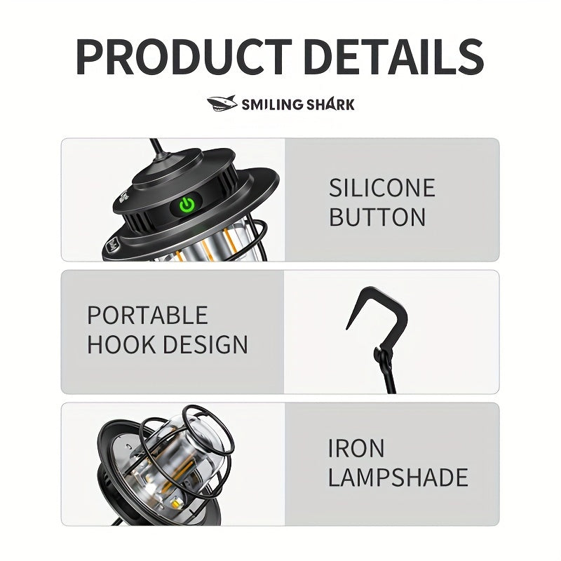 1pc Smiling Shark LED Camping Light, USB Rechargeable, Dimmable Mini Tent Lamp