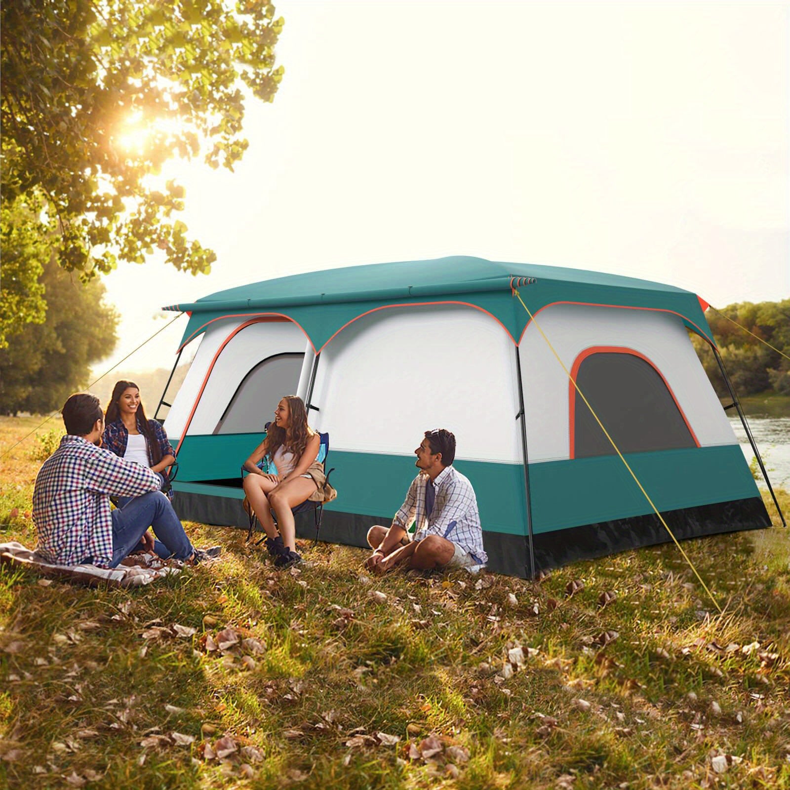 COSTWAY 10-Person Camping Tent with Porch Large Family Cabin Tent with 2 Rooms 2 Doors
