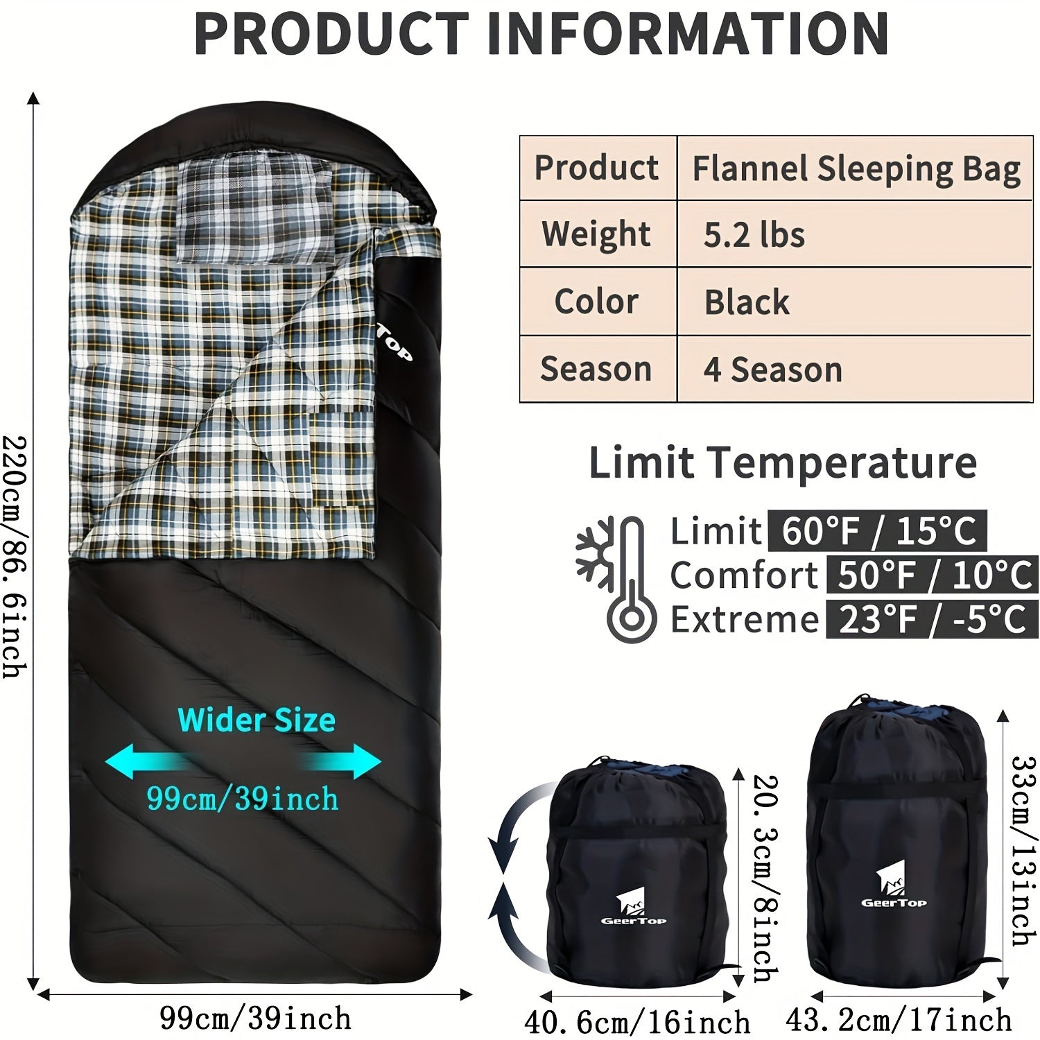 GEERTOP Flannel Sleeping Bag for Adults XXL, Large Wide Camping Sleeping Bag 4 Seaso