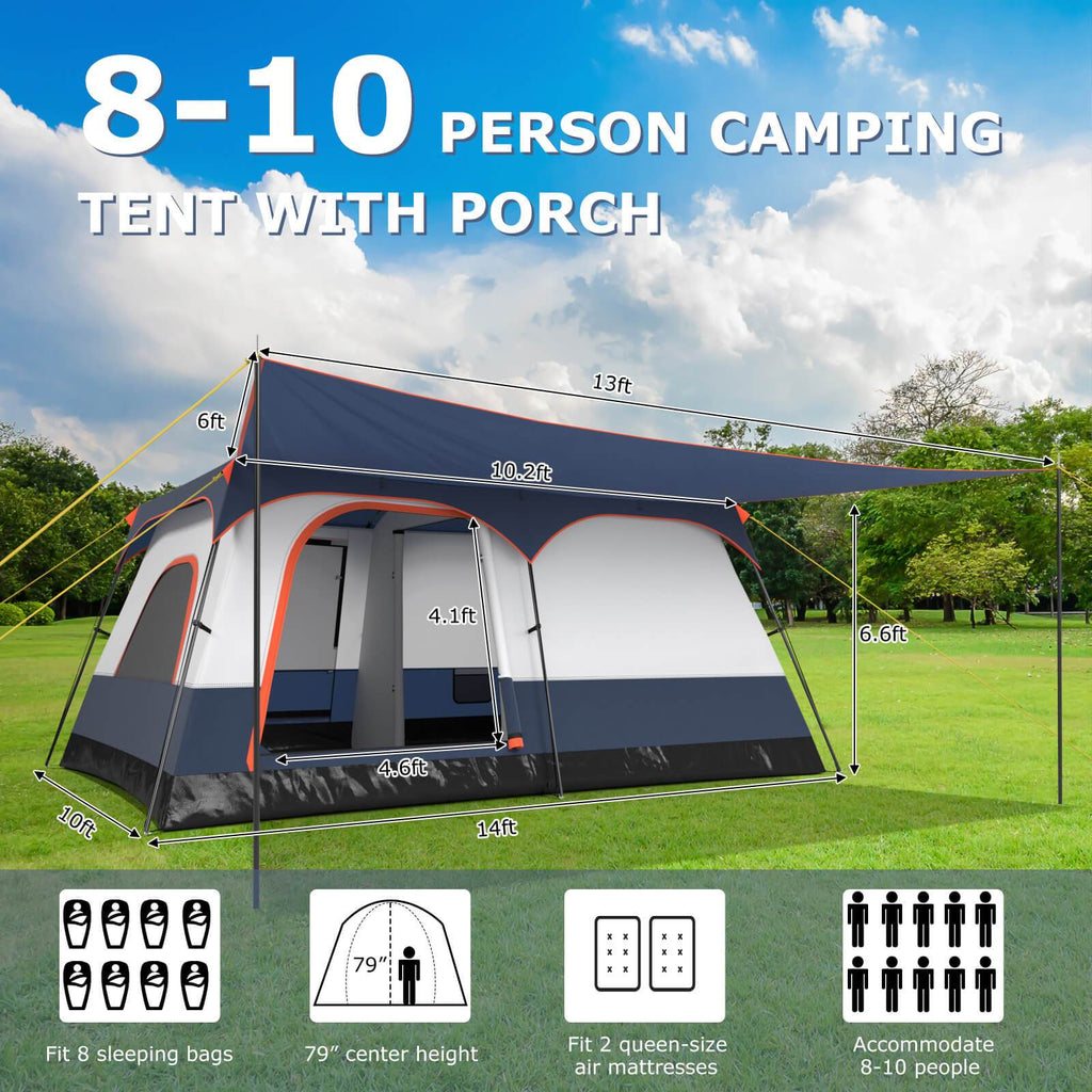 COSTWAY 10-Person Camping Tent with Porch Large Family Cabin Tent with 2 Rooms 2 Doors