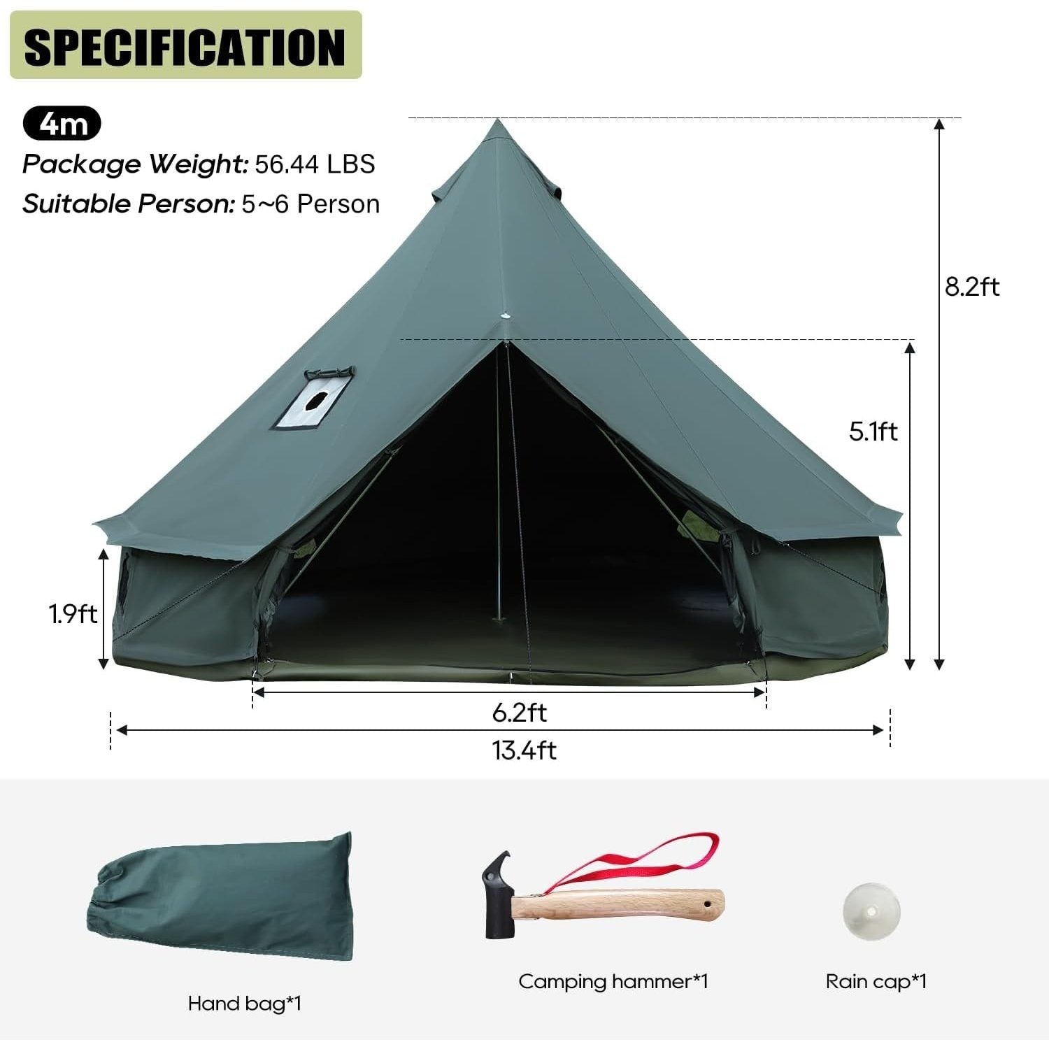 Luxury Cotton Bell Tent, Yurt Canvas Tent with Stove Jack, 4\u002F6\u002F8 Person Family 4 Season Camping