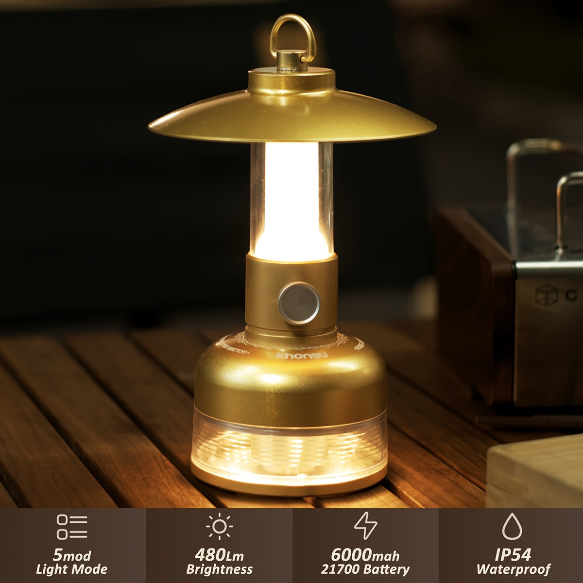 6000mAh Portable Camping Lantern with USB Rechargeable Battery, 5-Mode Adjustable Brightness