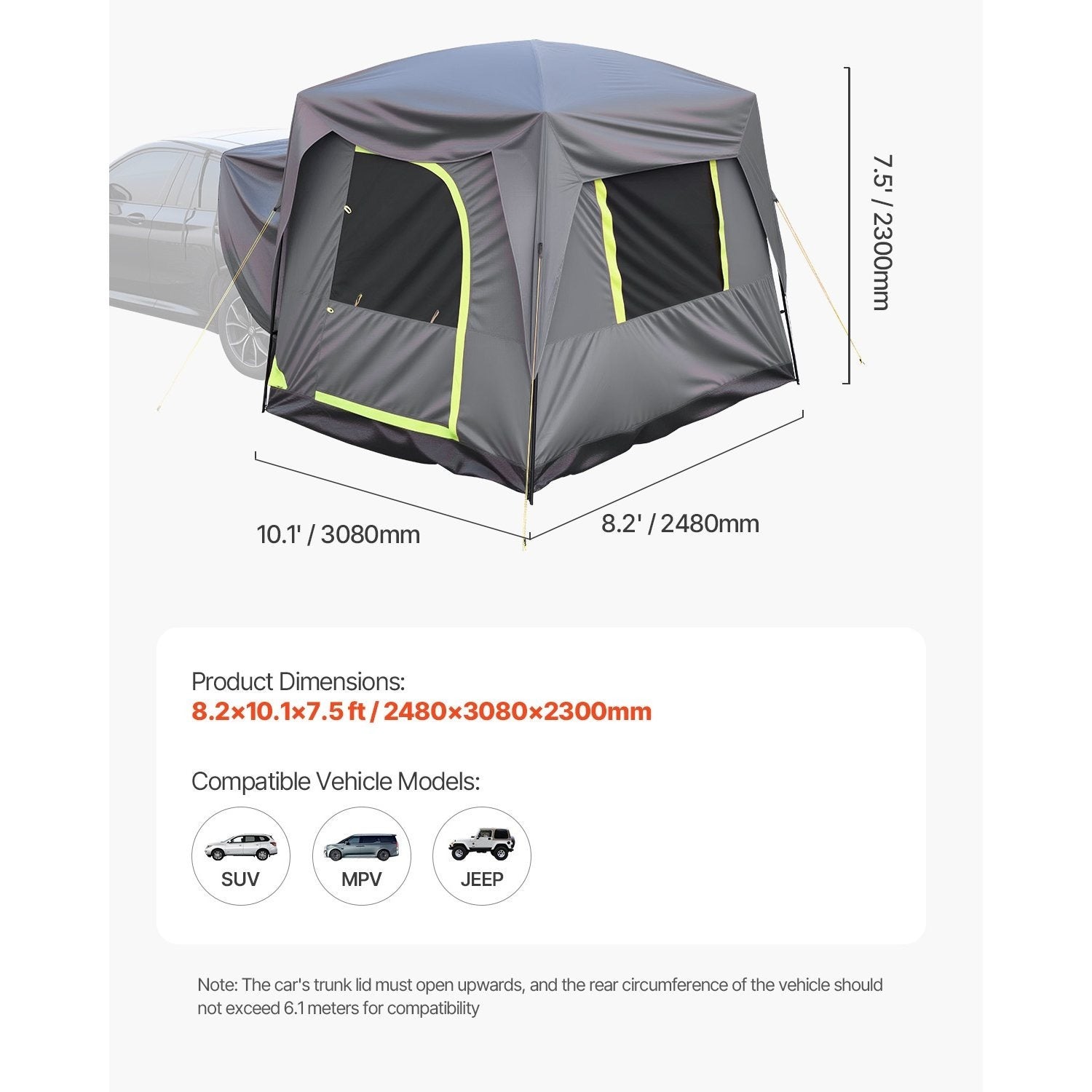 VEVOR SUV Camping Tent Outdoor SUV Tent with 2 Doors Waterproof for 5-8 Person 8\u002F10*8ft