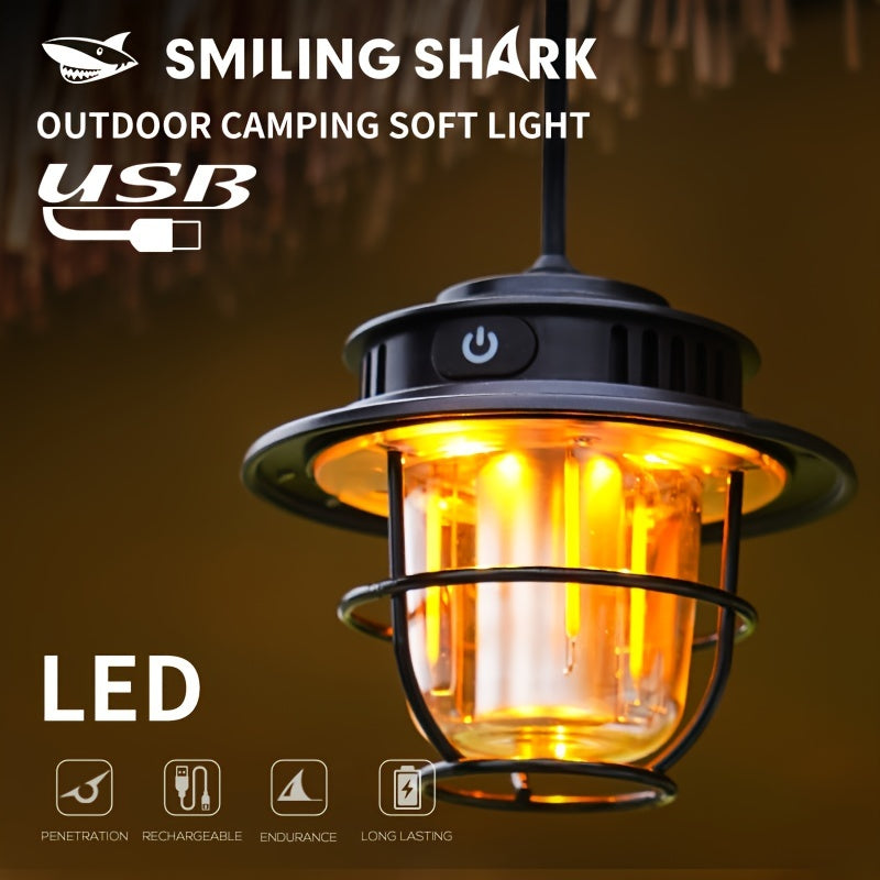 1pc Smiling Shark LED Camping Light, USB Rechargeable, Dimmable Mini Tent Lamp
