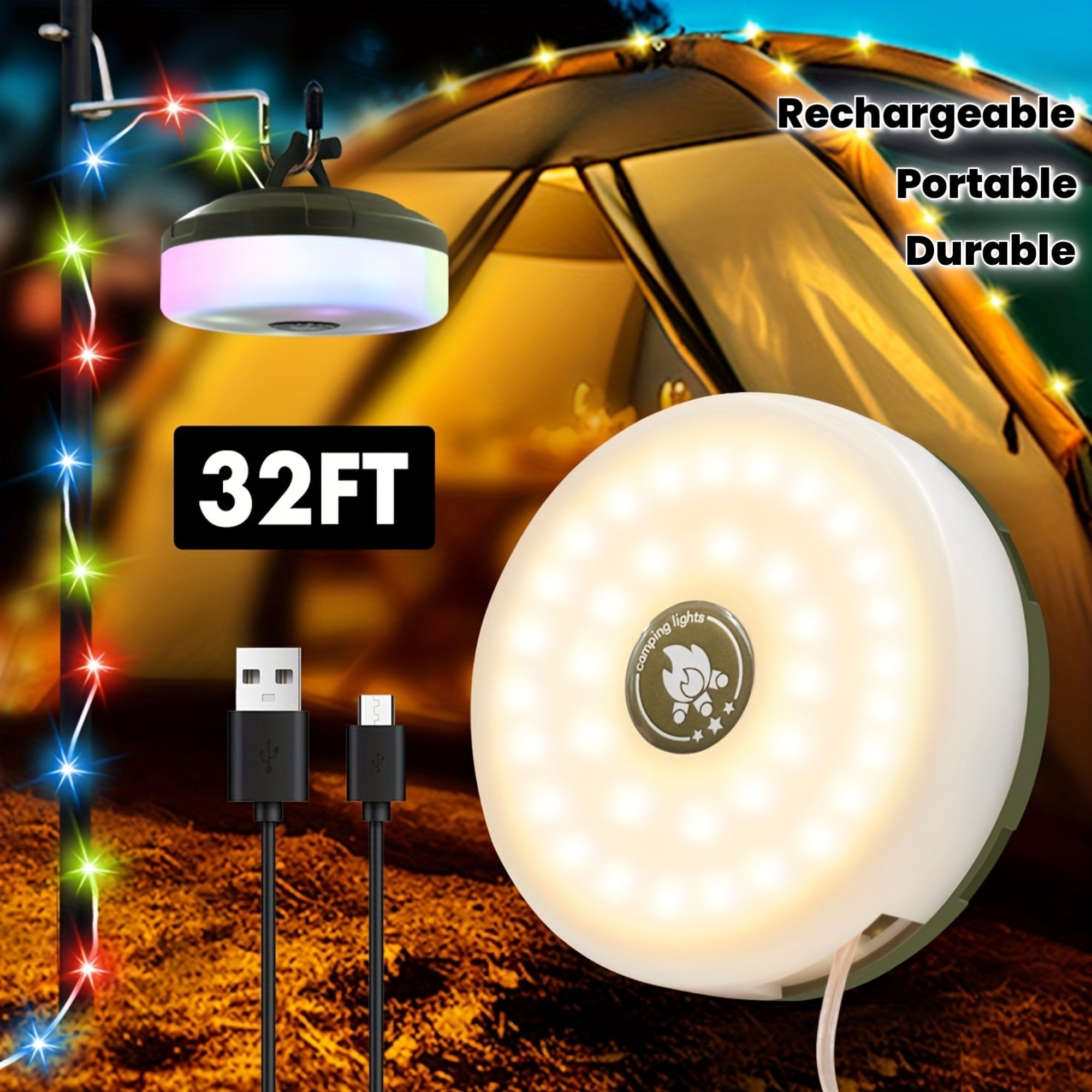 32FT LED Camping Lantern - Portable, Rechargeable, Waterproof Outdoor Light with USB Charging