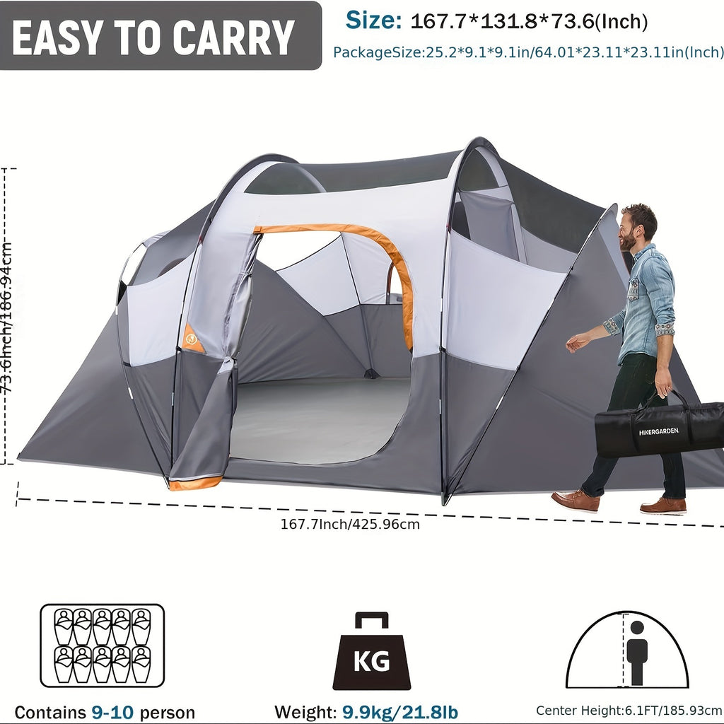 HIKERGARDEN 10 Person Camping Tent - Portable Easy Set Up Family Tent for Camp