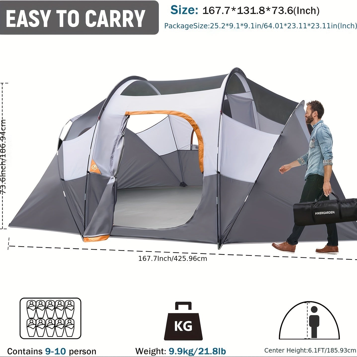 HIKERGARDEN 10 Person Camping Tent - Portable Easy Set Up Family Tent for Camp