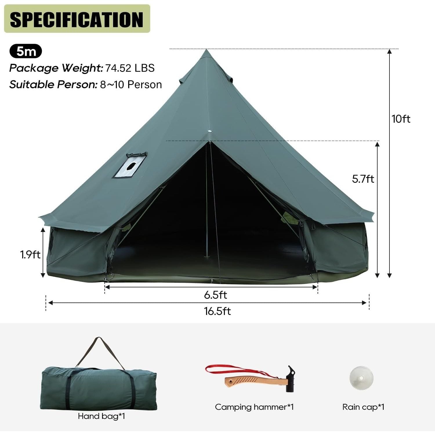Luxury Cotton Bell Tent, Yurt Canvas Tent with Stove Jack, 4\u002F6\u002F8 Person Family 4 Season Camping
