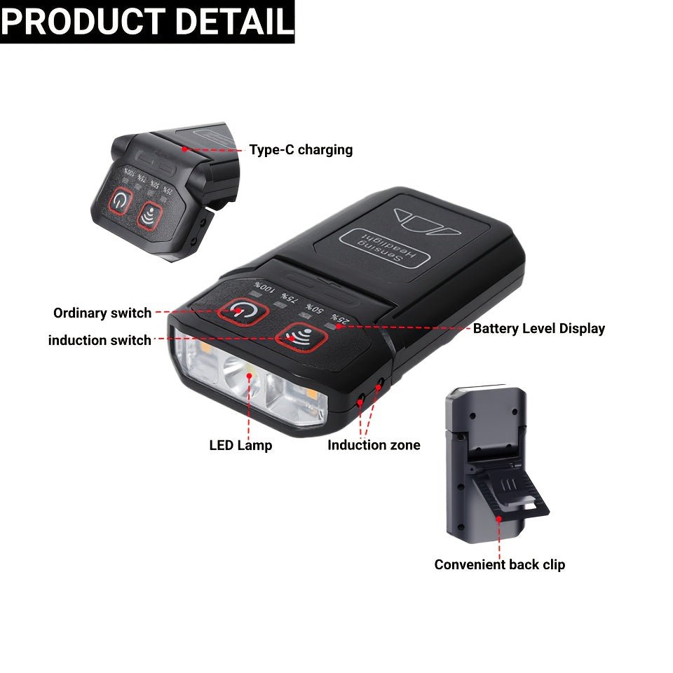 Outdoor night fishing hat clip light Type-C charging wave sensing 5-mode multi angle adjustable lighting small flashlight