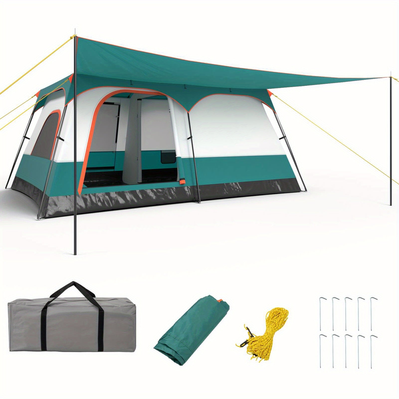 COSTWAY 10-Person Camping Tent with Porch Large Family Cabin Tent with 2 Rooms 2 Doors